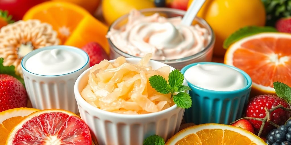 Probiotic-rich foods like yogurt and sauerkraut on display.