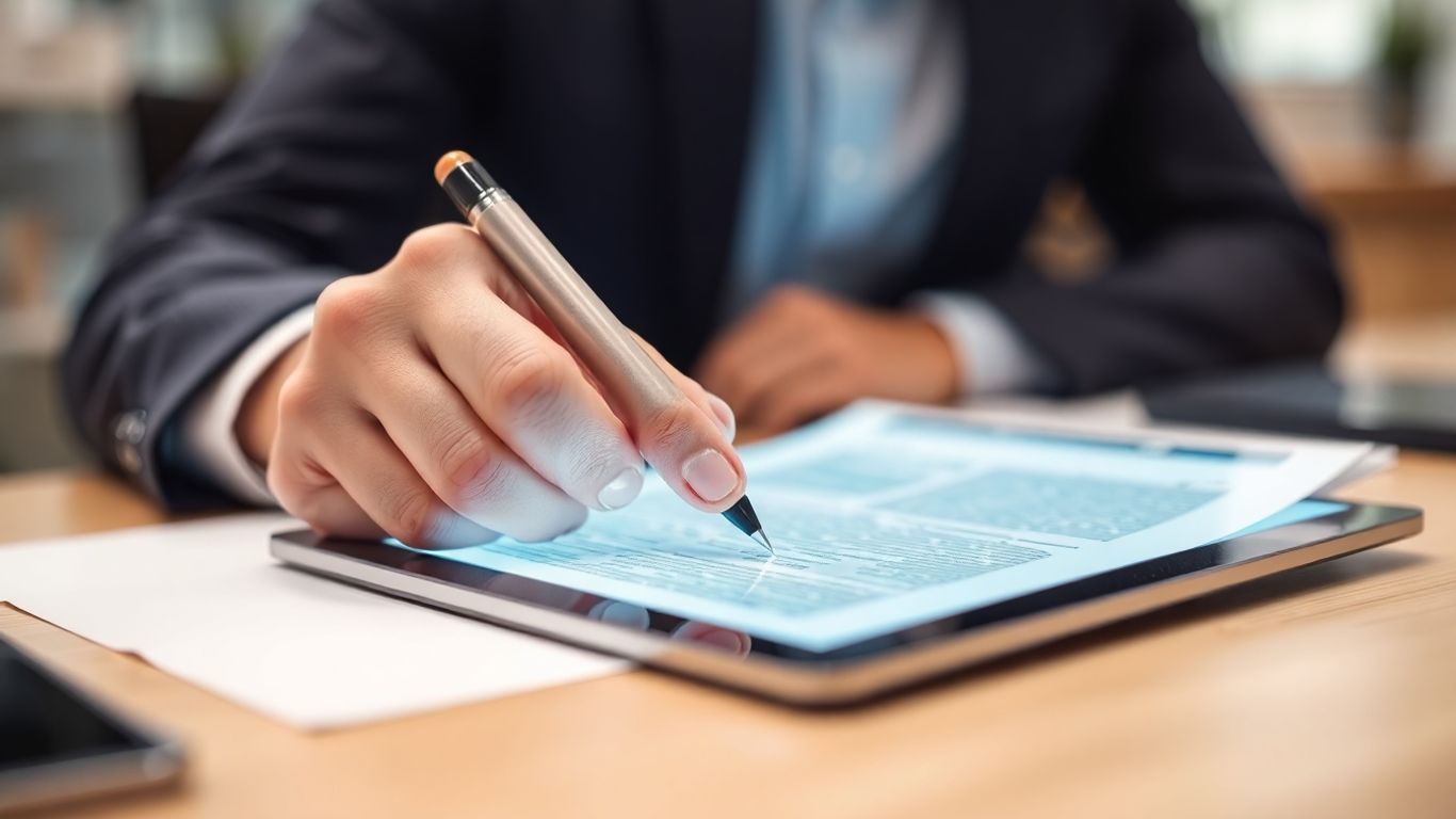 Main d'une personne signant un document numérique sur une tablette.
