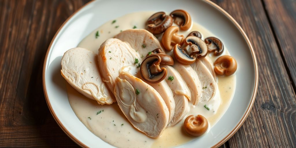 Émincé de poulet avec champignons et échalotes.