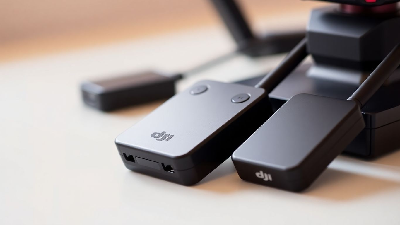 Le système DJI Mic 3, émetteurs et récepteur noirs.