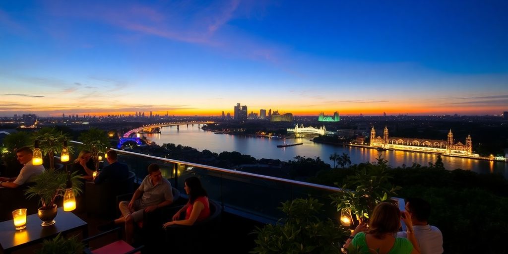 Rooftop bar view over Bangkok skyline and river.