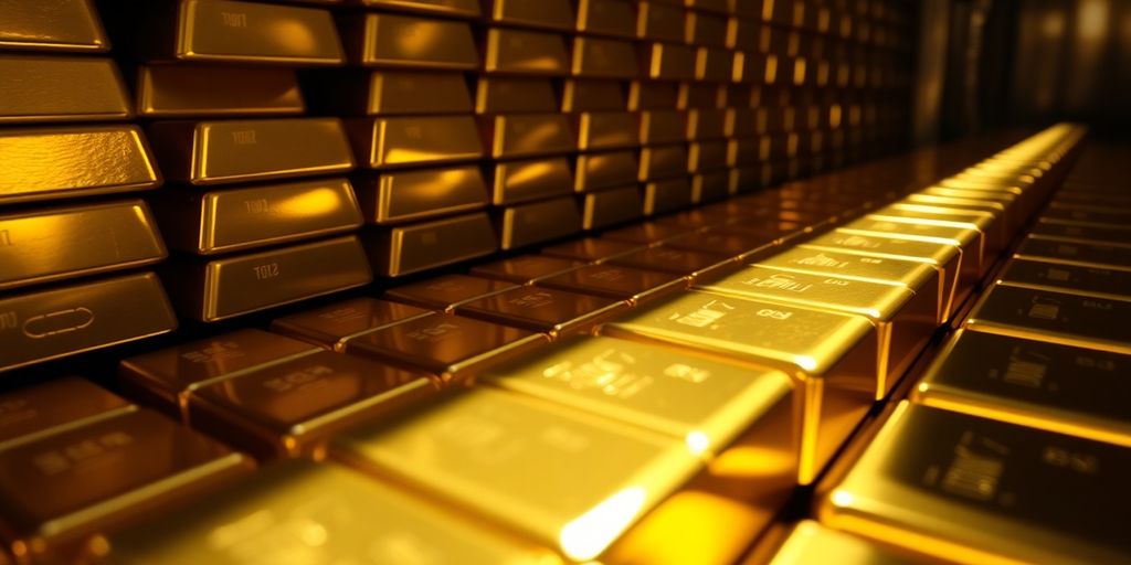 Pile de lingots d'or scintillant sous un éclairage dramatique.