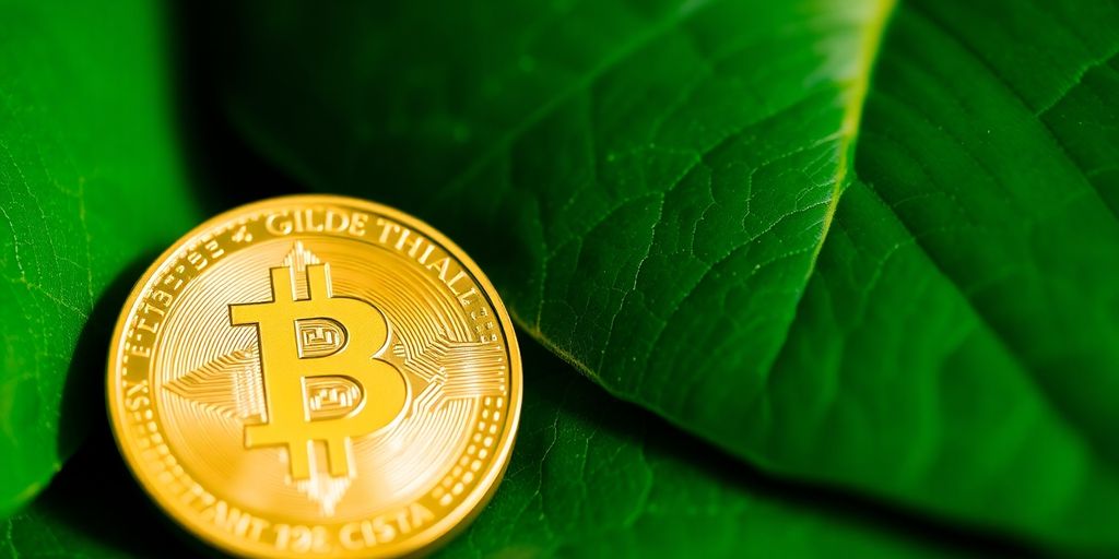 Une pièce d'or à côté d'une feuille verte.