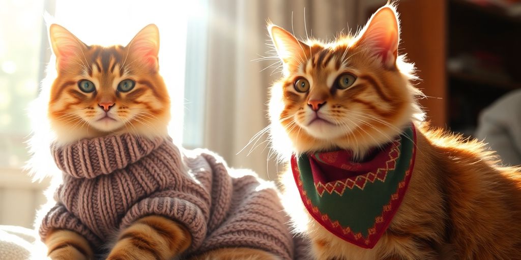 Cat wearing seasonal clothing: sweater and bandana.