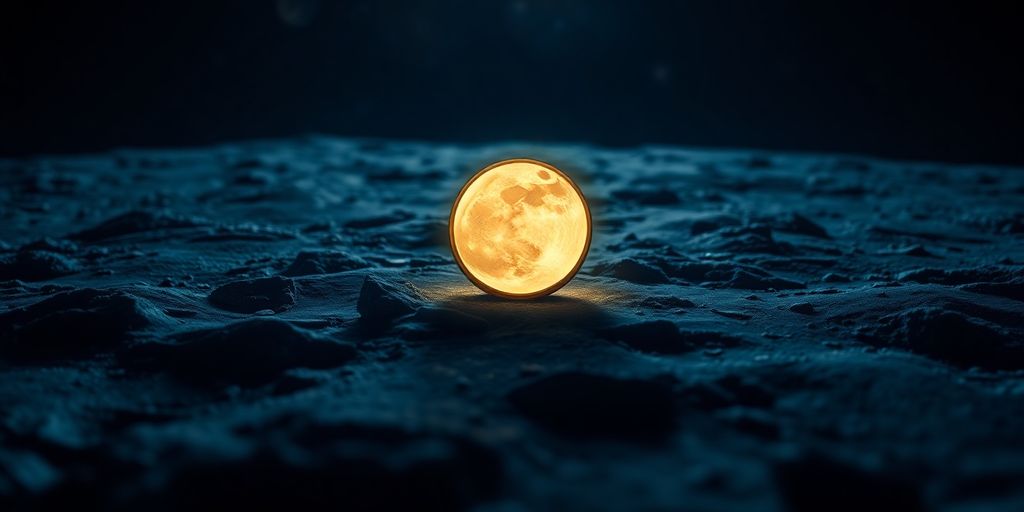 Moon coin glowing on lunar surface.