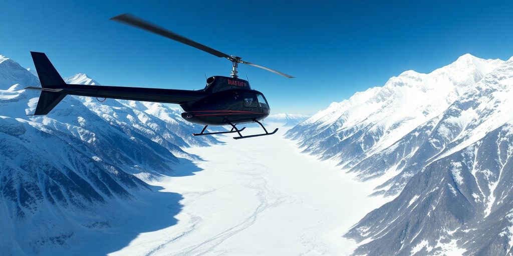 A helicopter flies over a vast, snow-covered Alaskan mountain range.