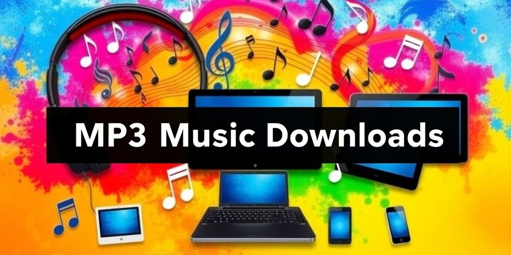 Colorful music notes and headphones on digital devices.