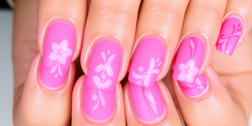 Unhas em gel rosa bem decoradas e brilhantes.