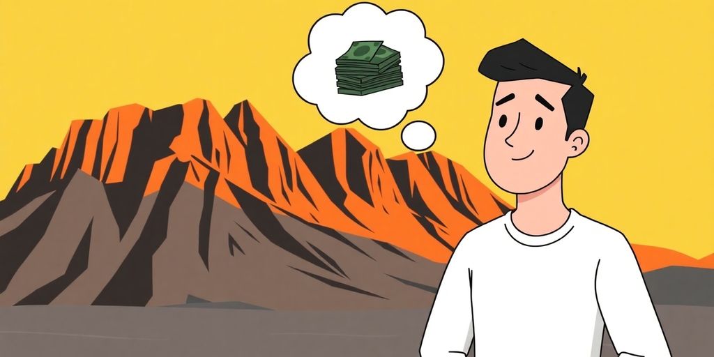 Cartoon man considering loan with Utah mountains.