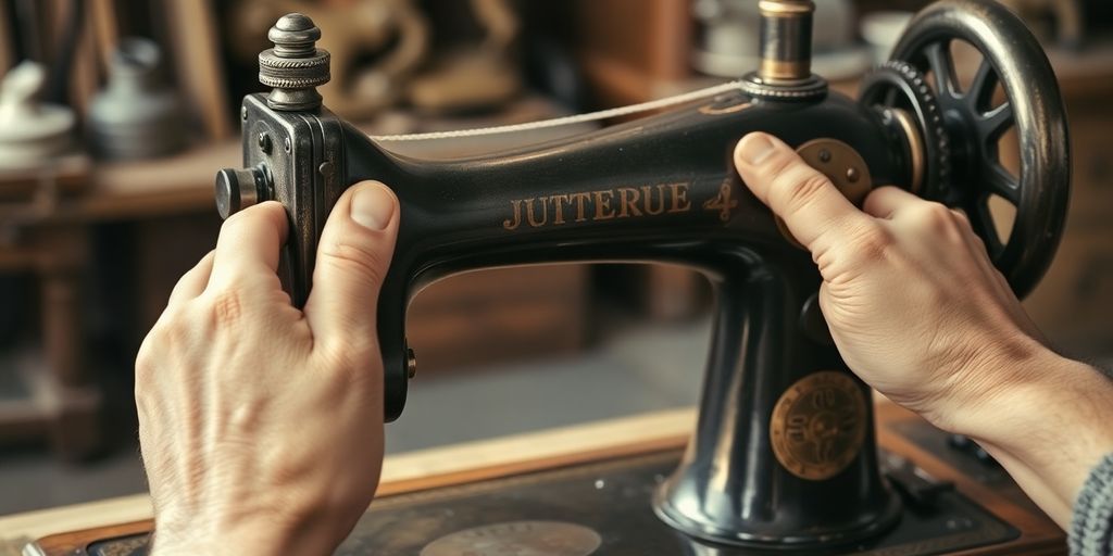 Vintage sewing machine with hand crank, feeding fabric under needle.