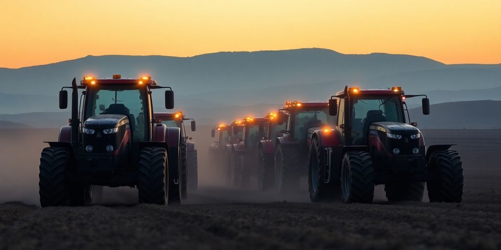 Traktoren auf einem Feld, die zusammen in der Dämmerung arbeiten