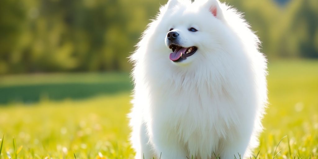 A fluffy white Samoyed dog with a proud stance.