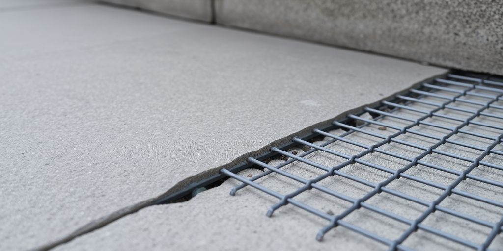 Concrete slab with welded wire mesh embedded inside.
