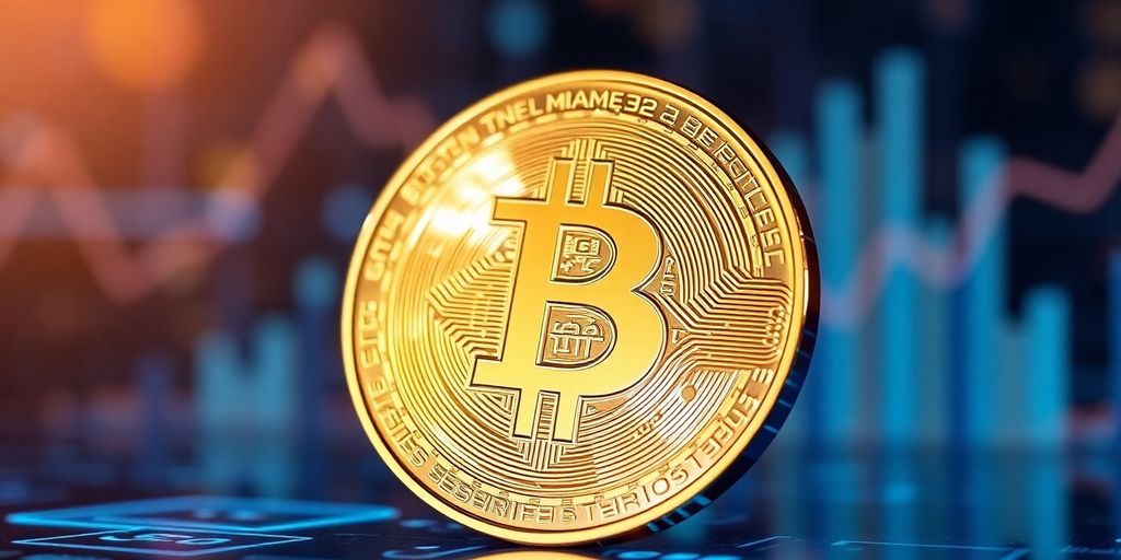 Close-up of a cryptocurrency coin on a digital background.