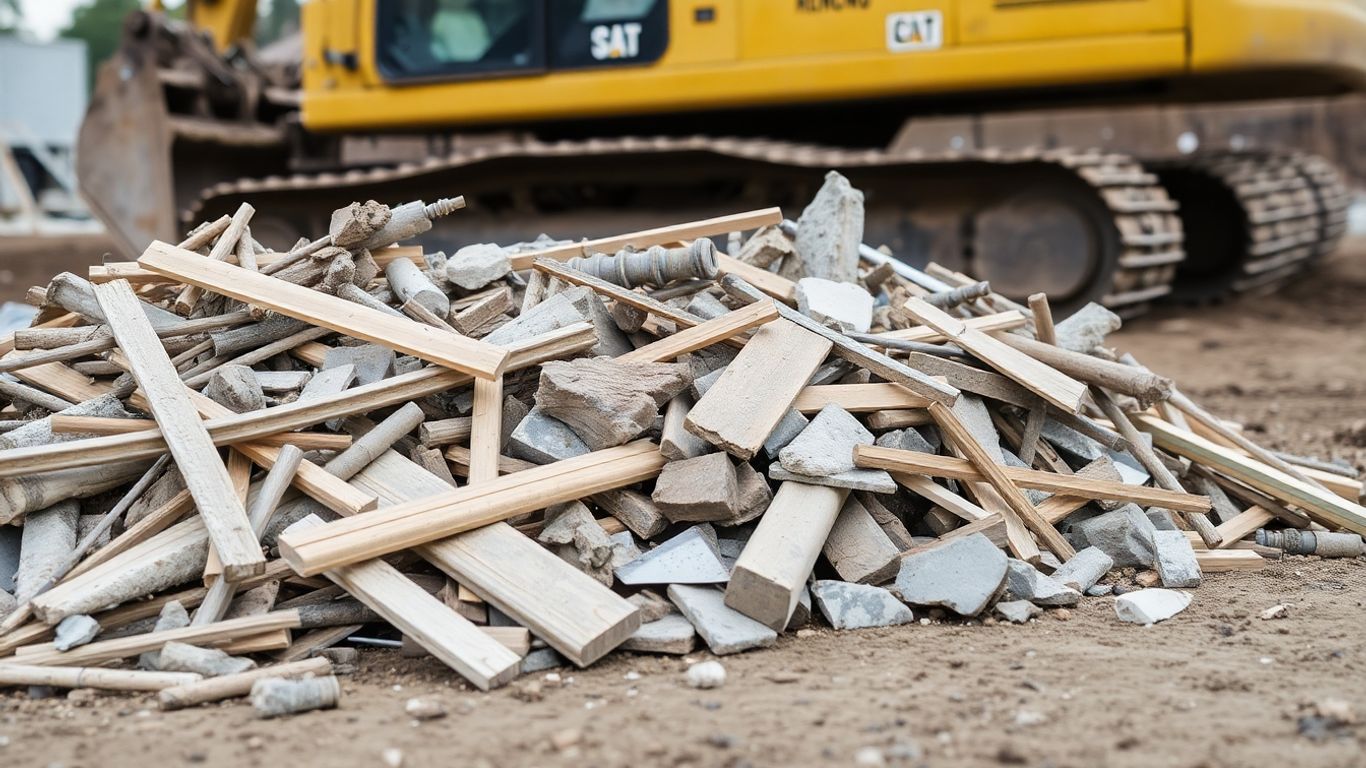Construction debris pile with excavator in Brooklyn Park.