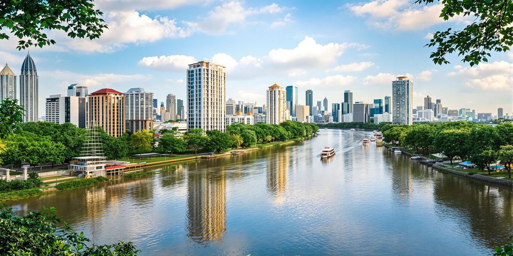 Riverside condo view with city skyline and greenery.