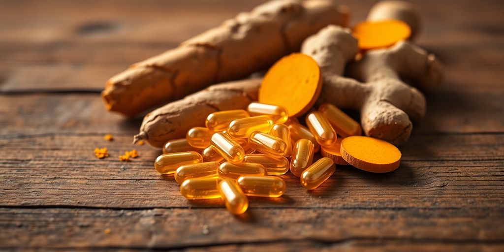CoQ10 capsules, turmeric, and ginger on a wooden table.