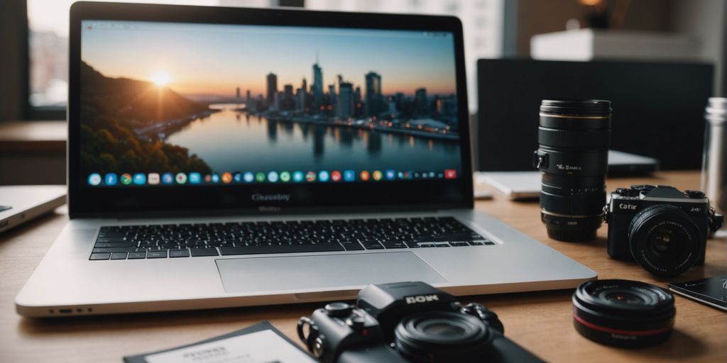 Various branding elements on a desk with a laptop.