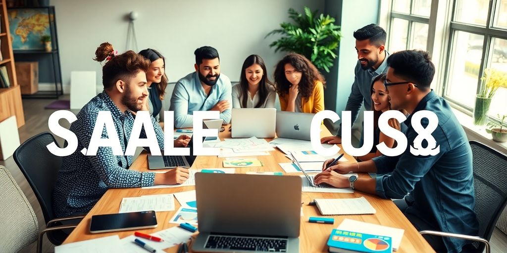 Entrepreneurs collaborating in a modern office setting.