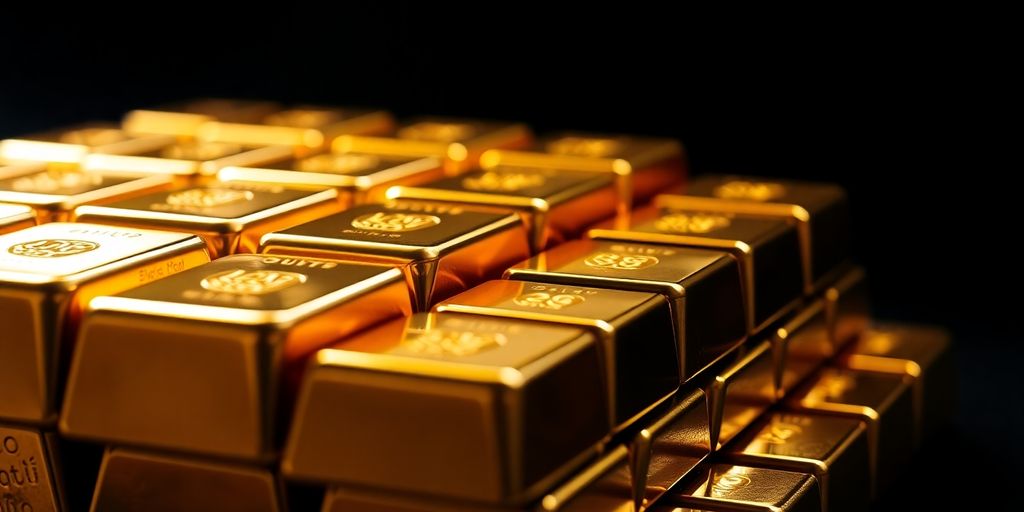 Des lingots d'or brillants empilés sur fond flou.