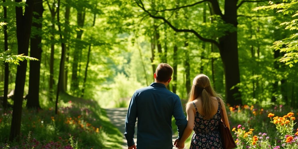 Couple hiking a scenic forest trail.