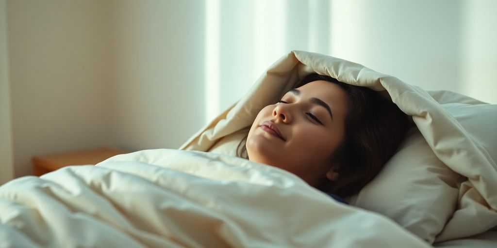 Person sleeping peacefully in a cozy, dimly lit bedroom.