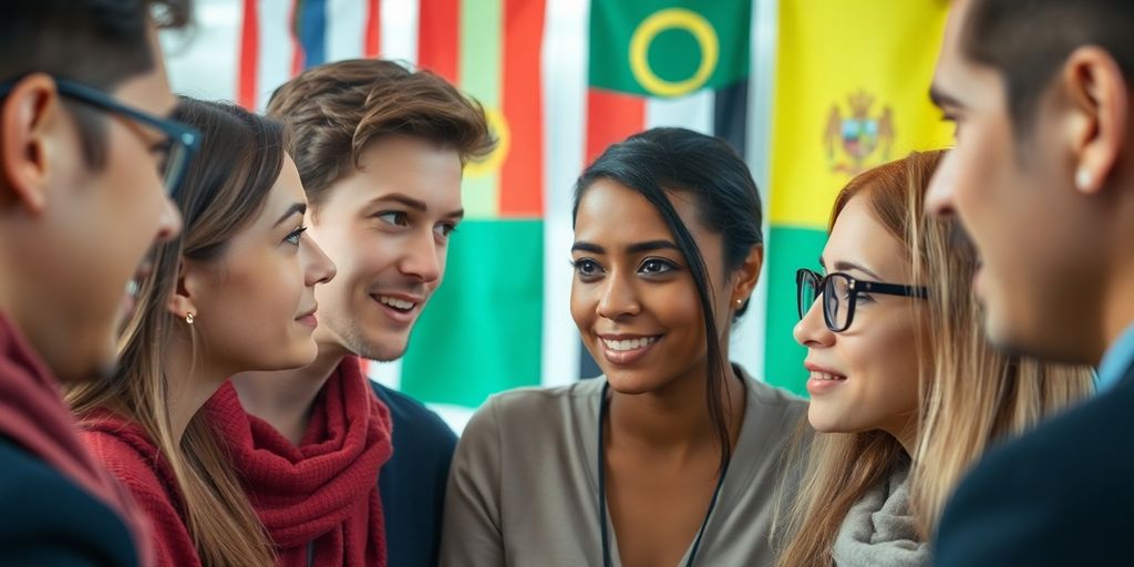 Diverse individuals communicating, emphasizing global connection and collaboration.