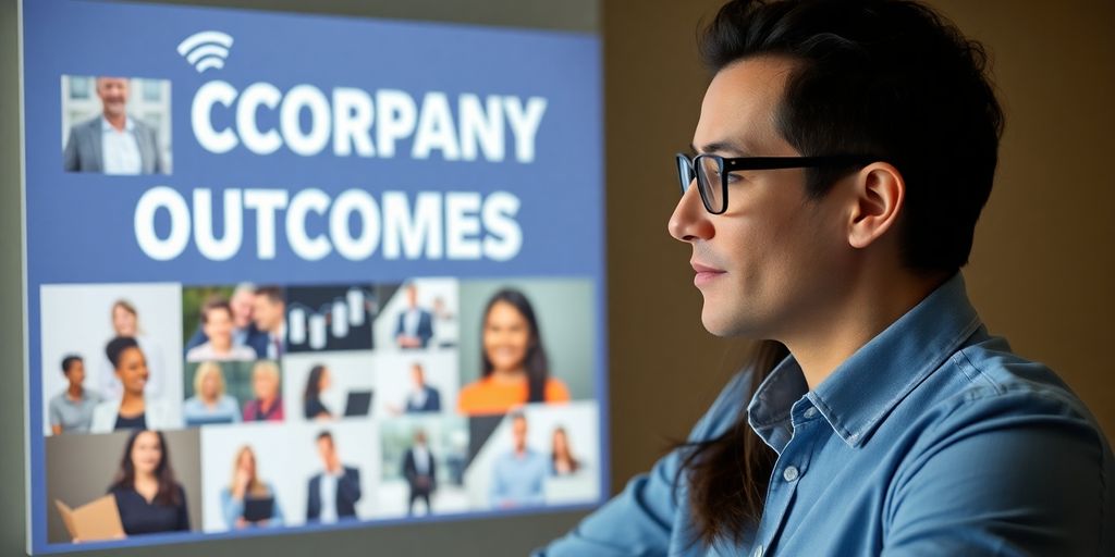 Business professional examining client success stories.