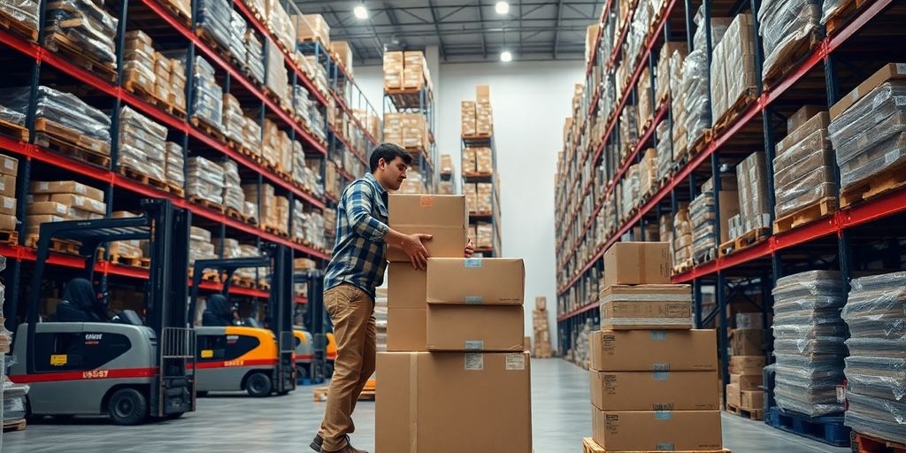 Man sorting boxes in a busy warehouse