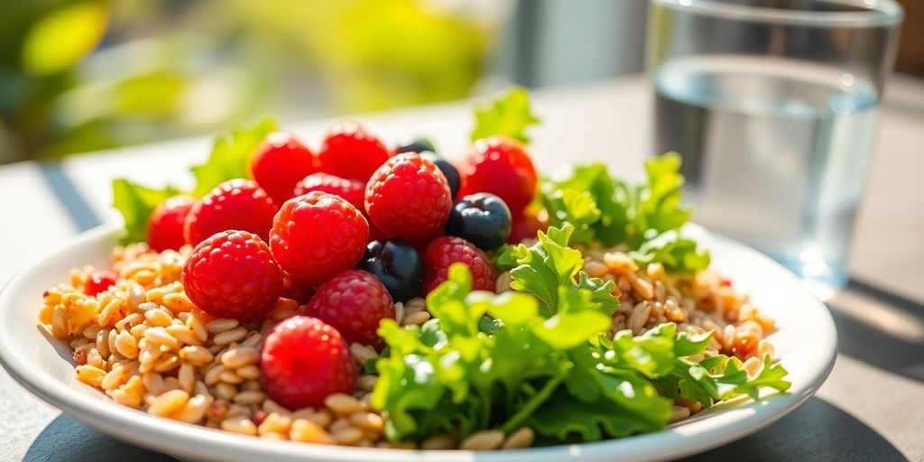 Vibrant healthy meal with vegetables, fruits, and grains on a plate.