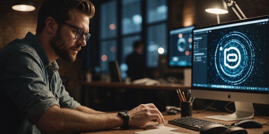 Designer creating a standout logo on a computer.