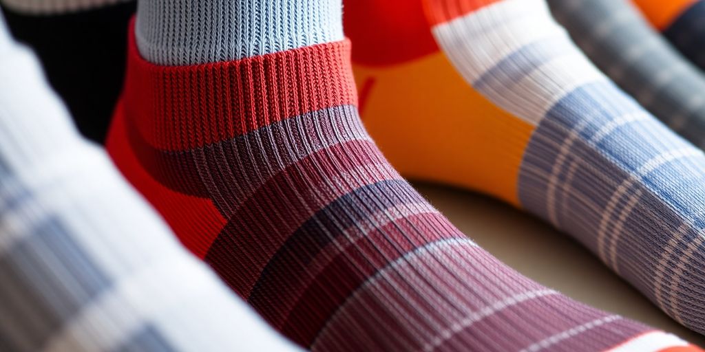 Close-up of diabetic athletic socks in various styles.