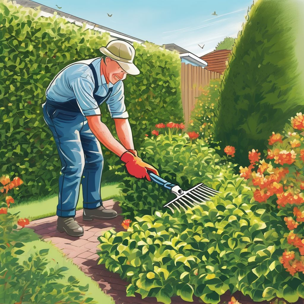 gardener trimming deciduous hedges in a sunny garden