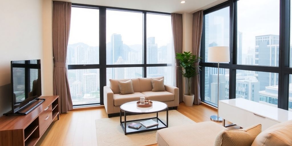Stylish serviced apartment in Hong Kong with city view.