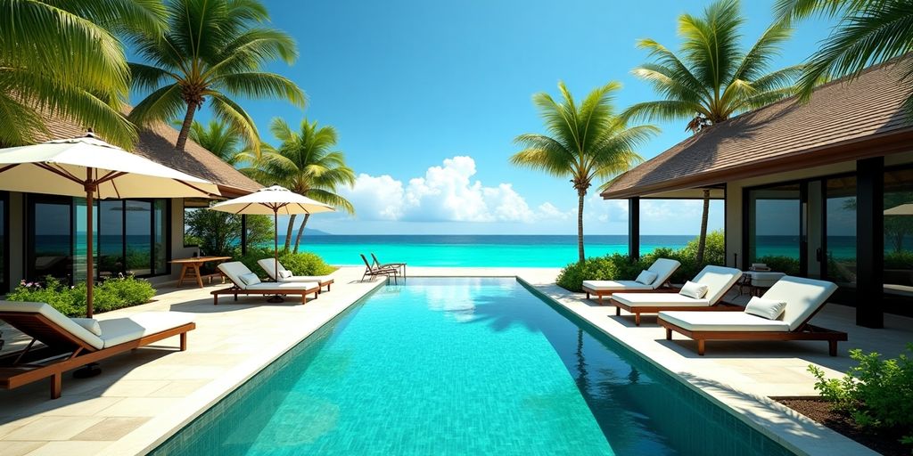 Luxurious beachfront villa with pool and lush surroundings.