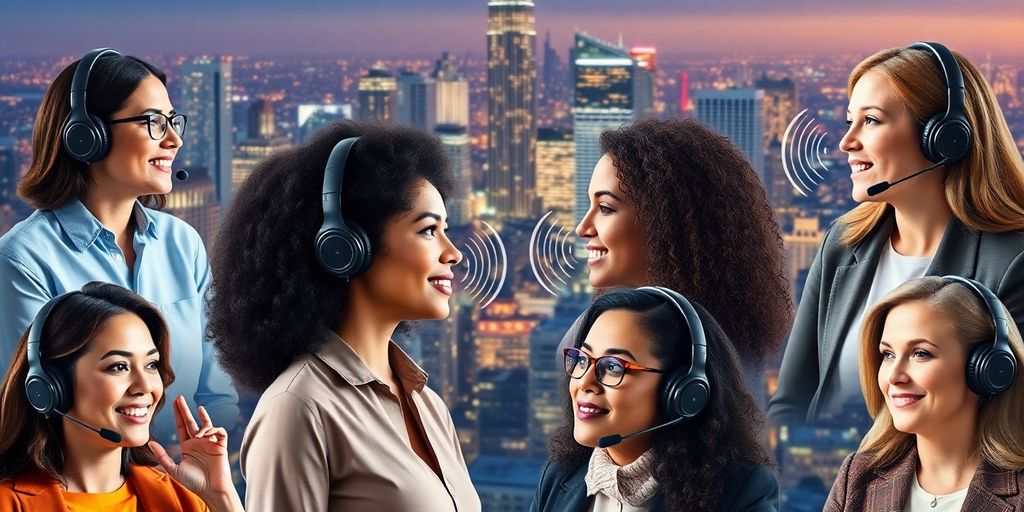 People communicating with audio devices in a vibrant setting.
