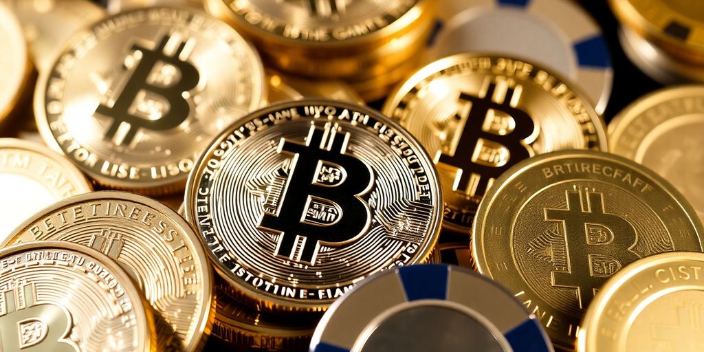 Cryptocurrency coins mixed with casino chips.