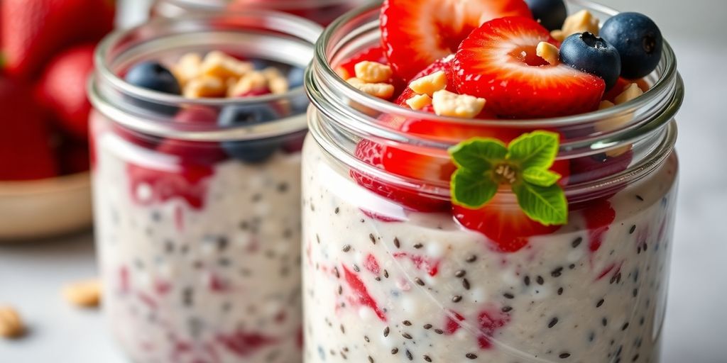 Overnight oats in jars with fruit and nuts.