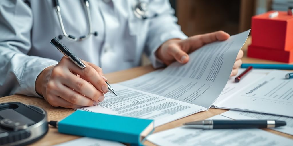 Healthcare professional with medical documents and translation tools.