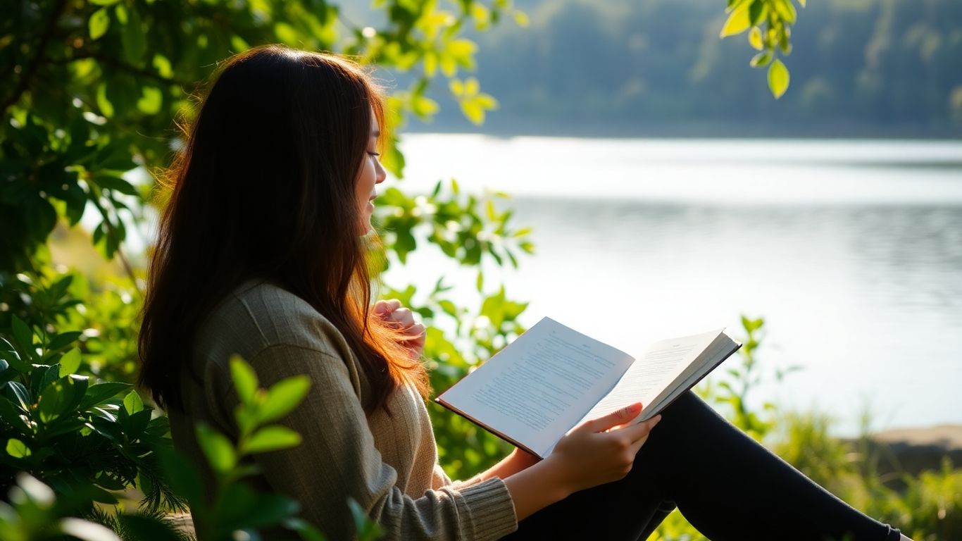 Person journaling outdoors with serene natural background.