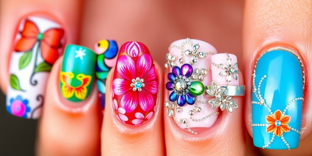 Colorful decorated nails with intricate designs and patterns.
