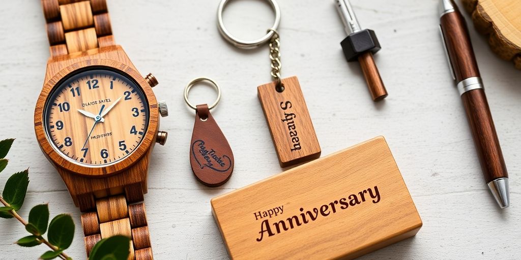 Wooden gifts for men, including a watch and keychain.