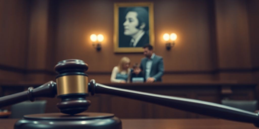 Courtroom setting with a gavel and family in background.