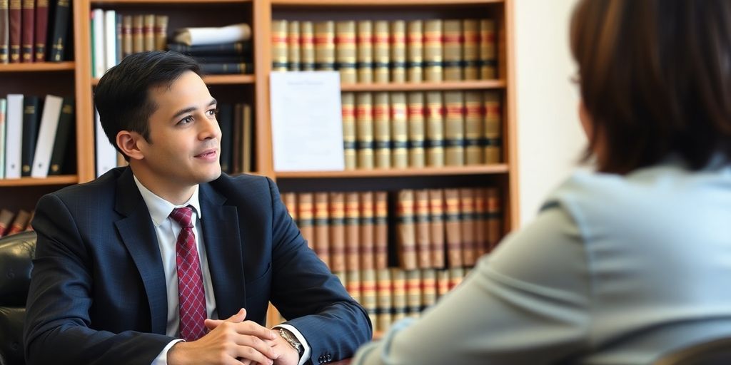 Local attorney consulting with a client in an office.