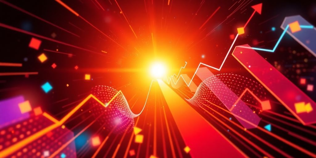 Dynamic visual of upward moving arrows and bright abstract shapes.