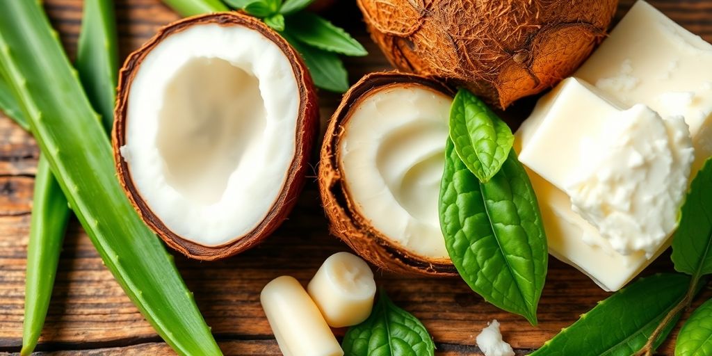 Natural ingredients for hair and skin care displayed beautifully.