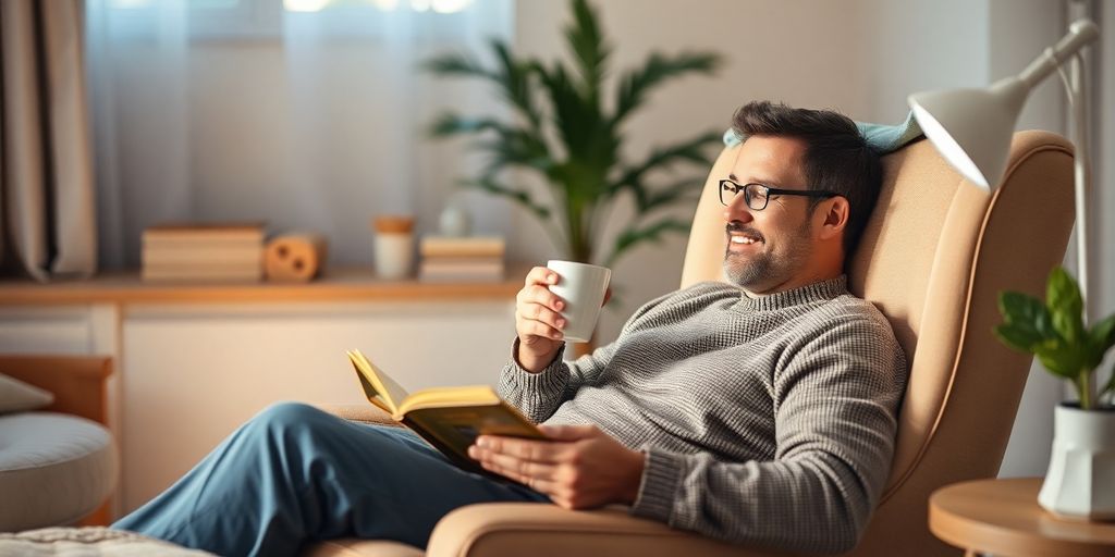 Dad relaxing in a cozy chair with a book.