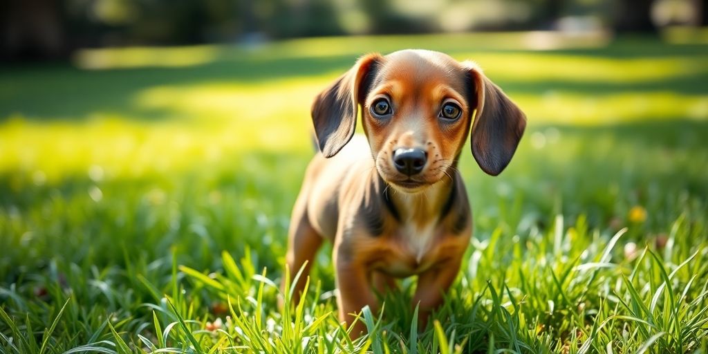 Adorable miniature dachshund puppy, alert, healthy, brown fur