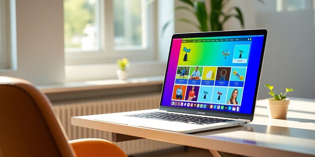 Laptop com loja online, luz natural brilhante, espaço de trabalho.