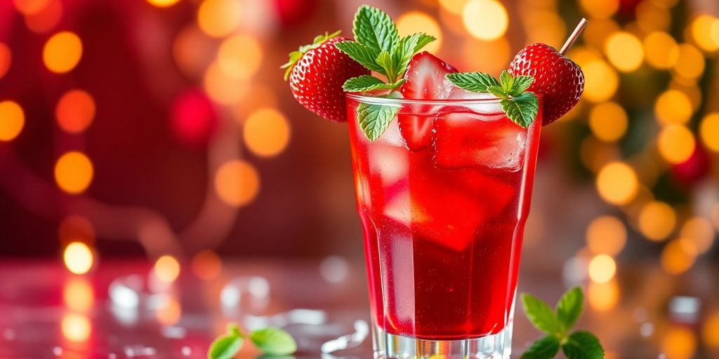 6 Drinks para o Ano Novo 3 Batida de morango em copo elegante com frutas.
